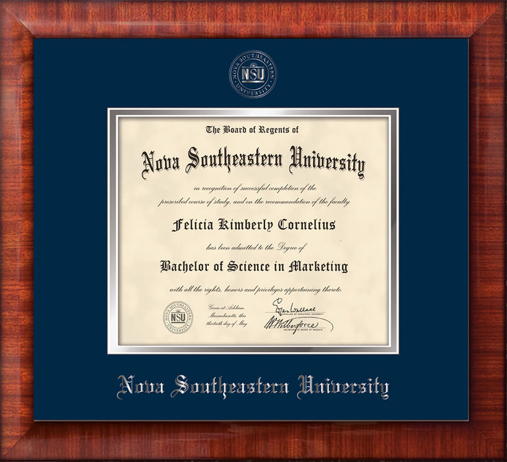 Image of Nova Southeastern University Diploma Frame - Mezzo Gloss - w/Silver Embossed NSU Seal & Name - Navy on Silver mat