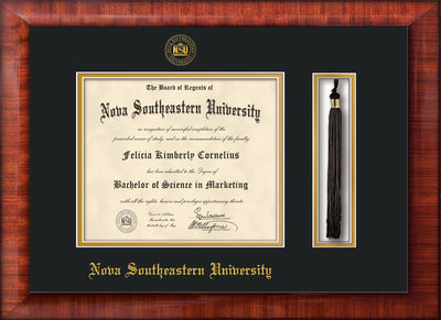Image of Nova Southeastern University Diploma Frame - Mezzo Gloss - w/Embossed NSU Seal & Name - Tassel Holder - Black on Gold mat