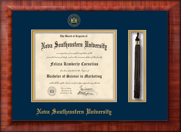 Image of Nova Southeastern University Diploma Frame - Mezzo Gloss - w/Embossed NSU Seal & Name - Tassel Holder - Navy on Gold mat