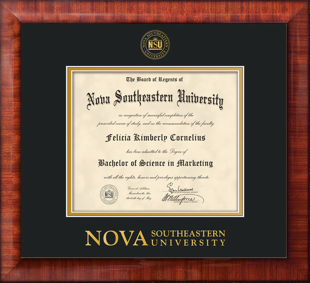 Image of Nova Southeastern University Diploma Frame - Mezzo Gloss - w/Embossed NSU Seal & Wordmark - Black on Gold mat