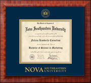 Image of Nova Southeastern University Diploma Frame - Mezzo Gloss - w/Embossed NSU Seal & Wordmark - Navy on Gold mat