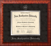 Image of Nova Southeastern University Diploma Frame - Mezzo Gloss - w/Silver Embossed NSU Seal & Name - Black Suede on Silver mat