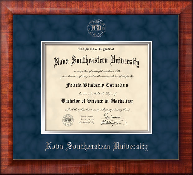 Image of Nova Southeastern University Diploma Frame - Mezzo Gloss - w/Silver Embossed NSU Seal & Name - Navy Suede on Silver mat