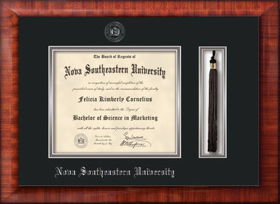 Image of Nova Southeastern University Diploma Frame - Mezzo Gloss - w/Silver Embossed NSU Seal & Name - Tassel Holder - Black on Silver mat