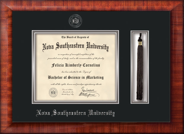 Image of Nova Southeastern University Diploma Frame - Mezzo Gloss - w/Silver Embossed NSU Seal & Name - Tassel Holder - Black on Silver mat