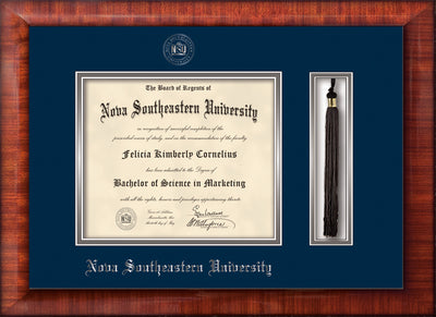 Image of Nova Southeastern University Diploma Frame - Mezzo Gloss - w/Silver Embossed NSU Seal & Name - Tassel Holder - Navy on Silver mat