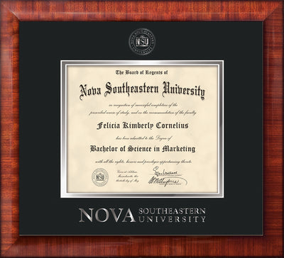 Image of Nova Southeastern University Diploma Frame - Mezzo Gloss - w/Silver Embossed NSU Seal & Wordmark - Black on Silver mat