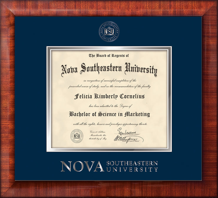 Image of Nova Southeastern University Diploma Frame - Mezzo Gloss - w/Silver Embossed NSU Seal & Wordmark - Navy on Silver mat