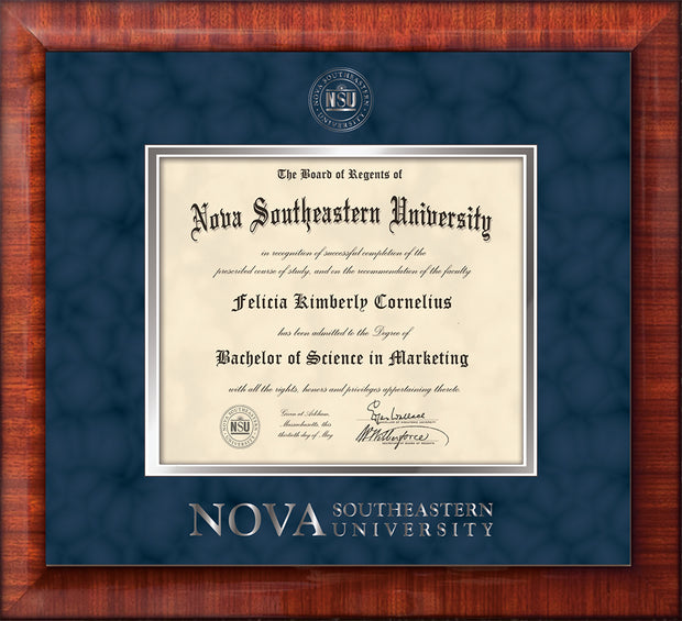 Image of Nova Southeastern University Diploma Frame - Mezzo Gloss - w/Silver Embossed NSU Seal & Wordmark - Navy Suede on Silver mat