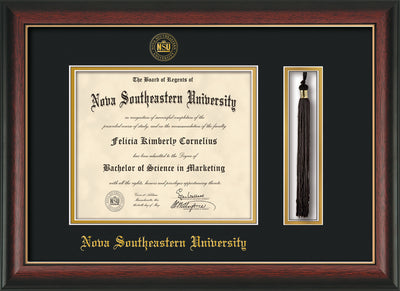 Image of Nova Southeastern University Diploma Frame - Rosewood w/Gold Lip - w/Embossed NSU Seal & Name - Tassel Holder - Black on Gold mat