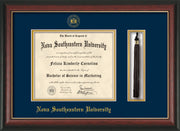 Image of Nova Southeastern University Diploma Frame - Rosewood w/Gold Lip - w/Embossed NSU Seal & Name - Tassel Holder - Navy on Gold mat