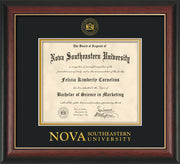 Image of Nova Southeastern University Diploma Frame - Rosewood w/Gold Lip - w/Embossed NSU Seal & Wordmark - Black on Gold mat