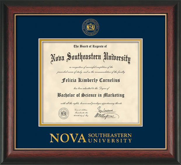Image of Nova Southeastern University Diploma Frame - Rosewood w/Gold Lip - w/Embossed NSU Seal & Wordmark - Navy on Gold mat