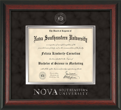 Image of Nova Southeastern University Diploma Frame - Rosewood - w/Silver Embossed NSU Seal & Wordmark - Black Suede on Silver mat