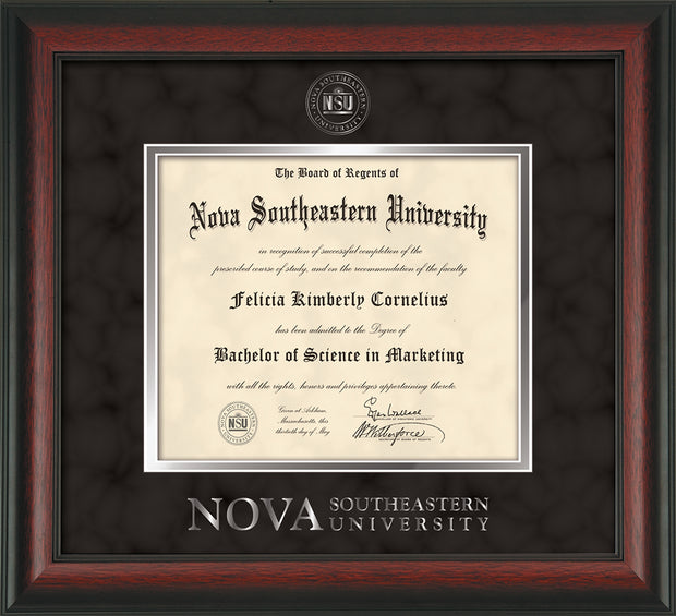 Image of Nova Southeastern University Diploma Frame - Rosewood - w/Silver Embossed NSU Seal & Wordmark - Black Suede on Silver mat