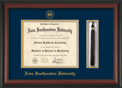 Image of Nova Southeastern University Diploma Frame - Rosewood - w/Embossed NSU Seal & Name - Tassel Holder - Navy on Gold mat