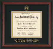 Image of Nova Southeastern University Diploma Frame - Rosewood - w/Embossed NSU Seal & Wordmark - Black on Gold mat