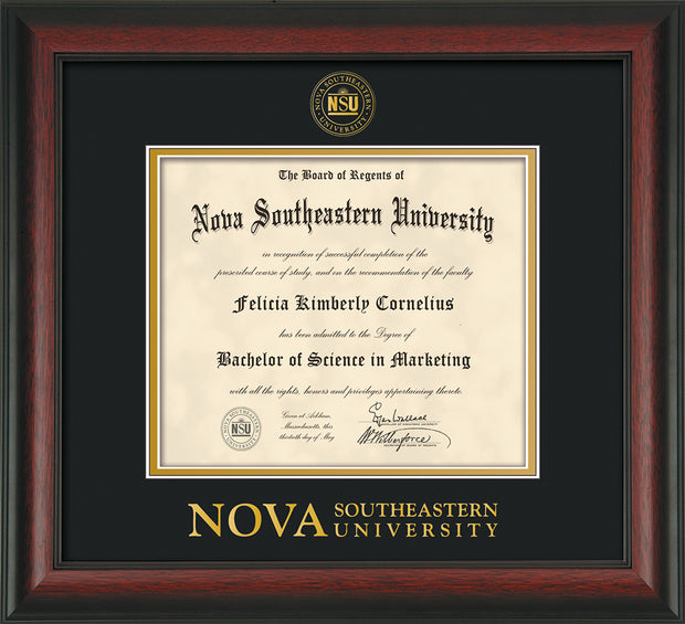 Image of Nova Southeastern University Diploma Frame - Rosewood - w/Embossed NSU Seal & Wordmark - Black on Gold mat