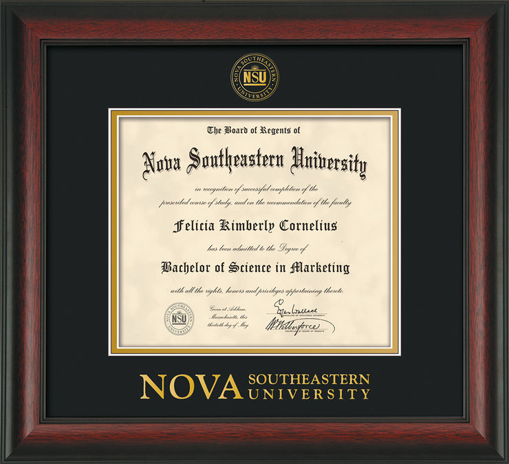 Image of Nova Southeastern University Diploma Frame - Rosewood - w/Embossed NSU Seal & Wordmark - Black on Gold mat