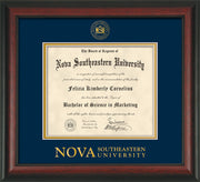 Image of Nova Southeastern University Diploma Frame - Rosewood - w/Embossed NSU Seal & Wordmark - Navy on Gold mat