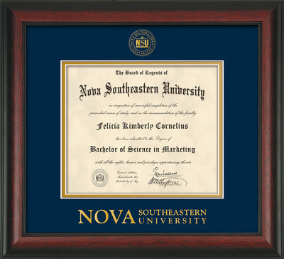 Image of Nova Southeastern University Diploma Frame - Rosewood - w/Embossed NSU Seal & Wordmark - Navy on Gold mat