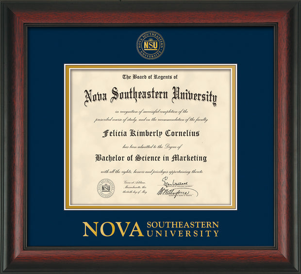 Image of Nova Southeastern University Diploma Frame - Rosewood - w/Embossed NSU Seal & Wordmark - Navy on Gold mat