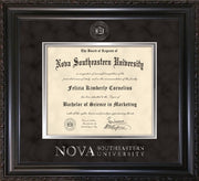 Image of Nova Southeastern University Diploma Frame - Vintage Black Scoop - w/Silver Embossed NSU Seal & Wordmark - Black Suede on Silver mat