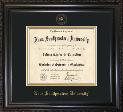 Nova Southeastern University Diploma Frame - Vintage Black Scoop - w/Embossed NSU Seal & Name - Black on Gold mat