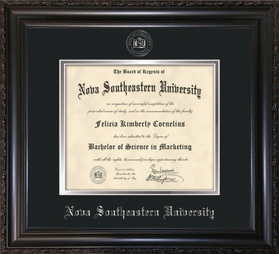 Image of Nova Southeastern University Diploma Frame - Vintage Black Scoop - w/Silver Embossed NSU Seal & Name - Black on Silver mat