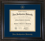 Image of Nova Southeastern University Diploma Frame - Vintage Black Scoop - w/Embossed NSU Seal & Name - Navy on Gold mat