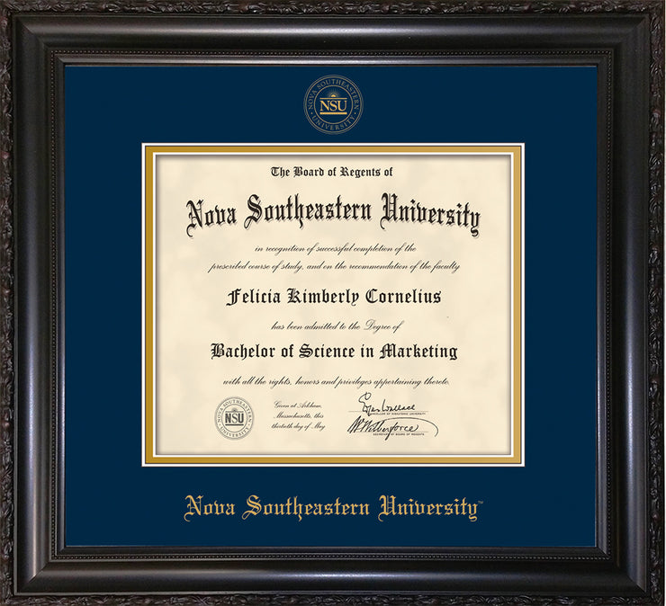 Image of Nova Southeastern University Diploma Frame - Vintage Black Scoop - w/Embossed NSU Seal & Name - Navy on Gold mat