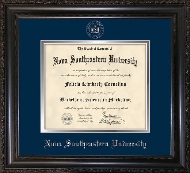 Image of Nova Southeastern University Diploma Frame - Vintage Black Scoop - w/Silver Embossed NSU Seal & Name - Navy on Silver mat