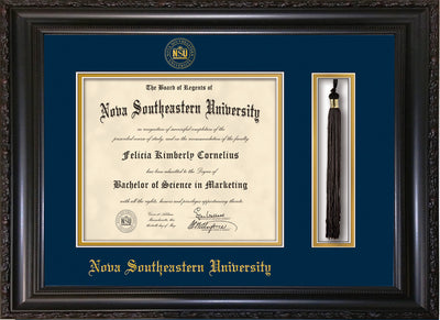 Image of Nova Southeastern University Diploma Frame - Vintage Black Scoop - w/Embossed NSU Seal & Name - Tassel Holder - Navy on Gold mat