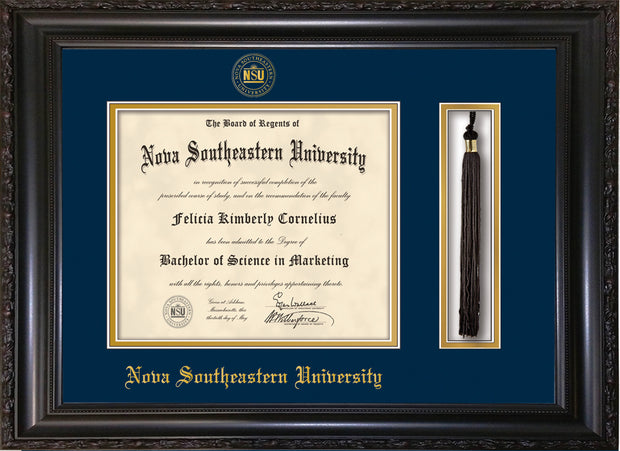 Image of Nova Southeastern University Diploma Frame - Vintage Black Scoop - w/Embossed NSU Seal & Name - Tassel Holder - Navy on Gold mat