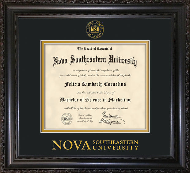 Image of Nova Southeastern University Diploma Frame - Vintage Black Scoop - w/Embossed NSU Seal & Wordmark - Black on Gold mat