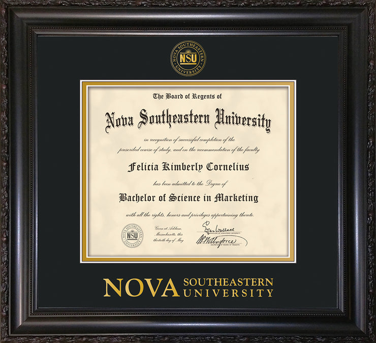 Image of Nova Southeastern University Diploma Frame - Vintage Black Scoop - w/Embossed NSU Seal & Wordmark - Black on Gold mat