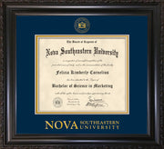 Image of Nova Southeastern University Diploma Frame - Vintage Black Scoop - w/Embossed NSU Seal & Wordmark - Navy on Gold mat