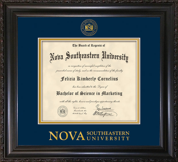 Image of Nova Southeastern University Diploma Frame - Vintage Black Scoop - w/Embossed NSU Seal & Wordmark - Navy on Gold mat