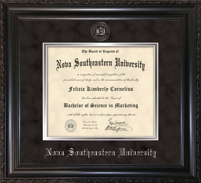 Image of Nova Southeastern University Diploma Frame - Vintage Black Scoop - w/Silver Embossed NSU Seal & Name - Black Suede on Silver mat