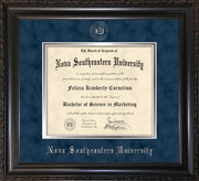 Image of Nova Southeastern University Diploma Frame - Vintage Black Scoop - w/Silver Embossed NSU Seal & Name - Navy Suede on Silver mat