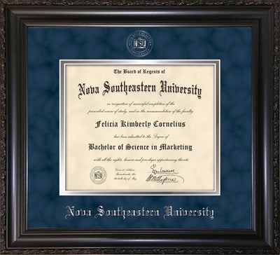 Image of Nova Southeastern University Diploma Frame - Vintage Black Scoop - w/Silver Embossed NSU Seal & Name - Navy Suede on Silver mat