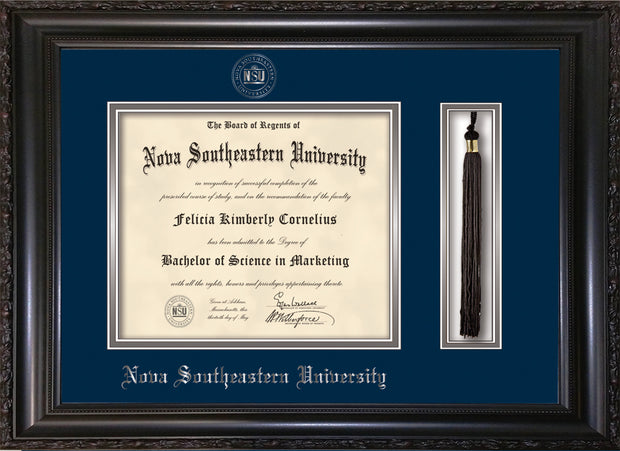 Image of Nova Southeastern University Diploma Frame - Vintage Black Scoop - w/Silver Embossed NSU Seal & Name - Tassel Holder - Navy on Silver mat