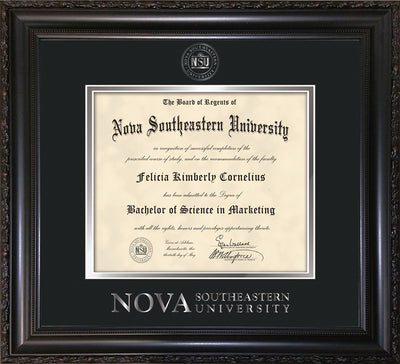 Image of Nova Southeastern University Diploma Frame - Vintage Black Scoop - w/Silver Embossed NSU Seal & Wordmark - Black on Silver mat
