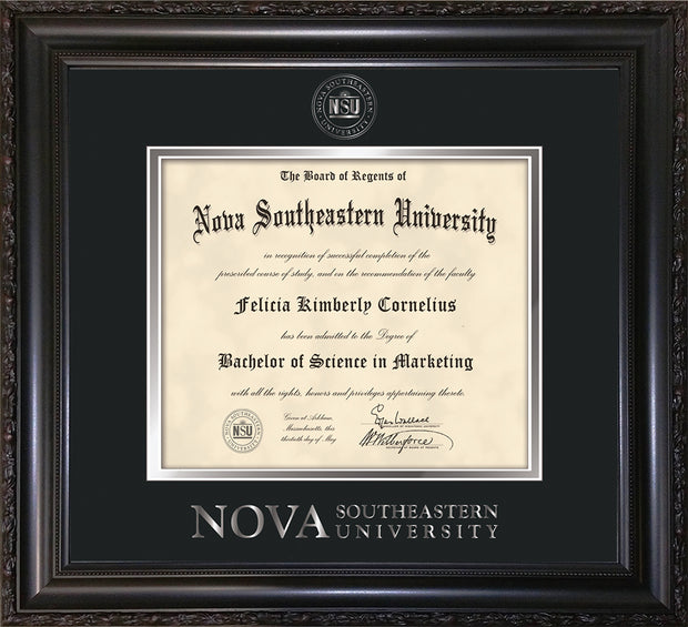 Image of Nova Southeastern University Diploma Frame - Vintage Black Scoop - w/Silver Embossed NSU Seal & Wordmark - Black on Silver mat