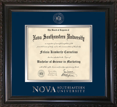 Image of Nova Southeastern University Diploma Frame - Vintage Black Scoop - w/Silver Embossed NSU Seal & Wordmark - Navy on Silver mat