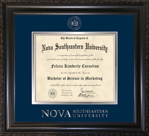 Image of Nova Southeastern University Diploma Frame - Vintage Black Scoop - w/Silver Embossed NSU Seal & Wordmark - Navy on Silver mat