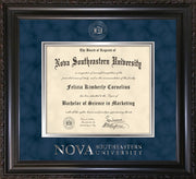 Image of Nova Southeastern University Diploma Frame - Mezzo Gloss - w/Silver Embossed NSU Seal & Wordmark - Navy Suede on Silver mat