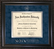 Image of Nova Southeastern University Diploma Frame - Mezzo Gloss - w/Silver Embossed NSU Seal & Wordmark - Navy Suede on Silver mat