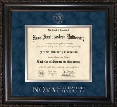 Image of Nova Southeastern University Diploma Frame - Mezzo Gloss - w/Silver Embossed NSU Seal & Wordmark - Navy Suede on Silver mat