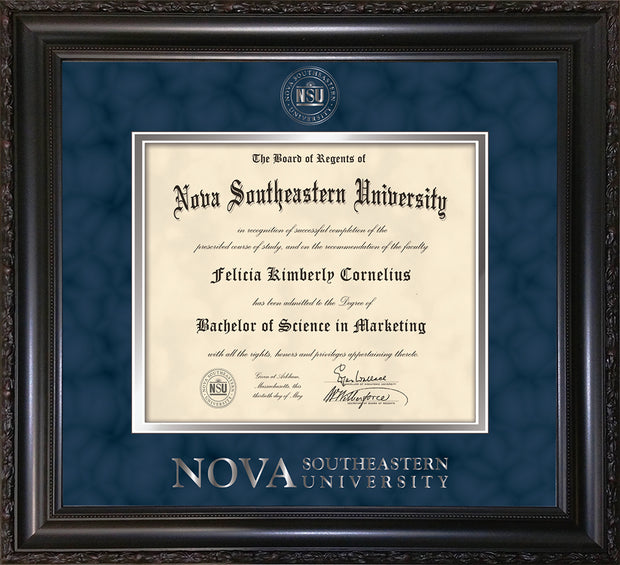 Image of Nova Southeastern University Diploma Frame - Mezzo Gloss - w/Silver Embossed NSU Seal & Wordmark - Navy Suede on Silver mat